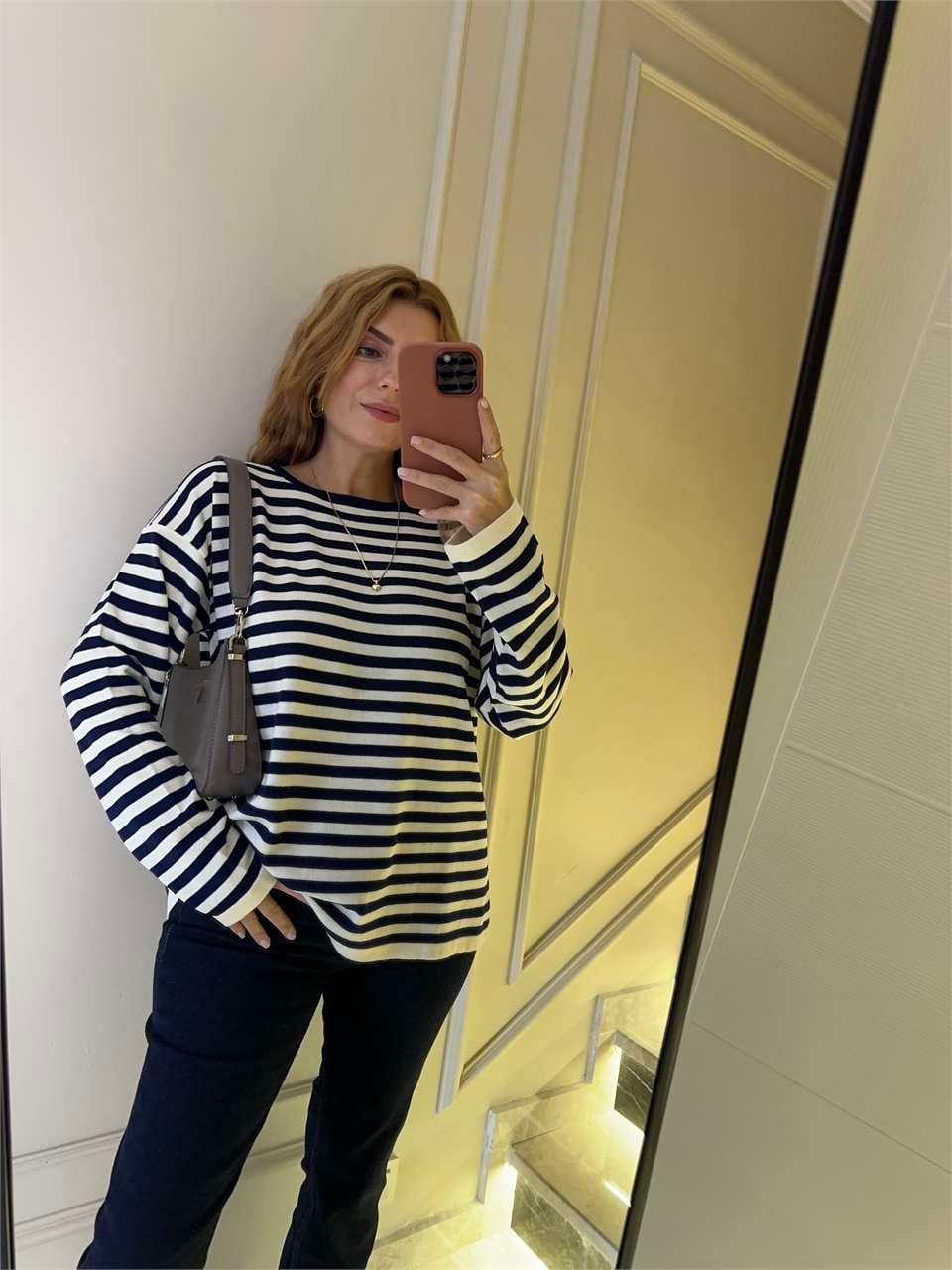 Kadın Çizgili Oversize Triko Bluz - Lacivert