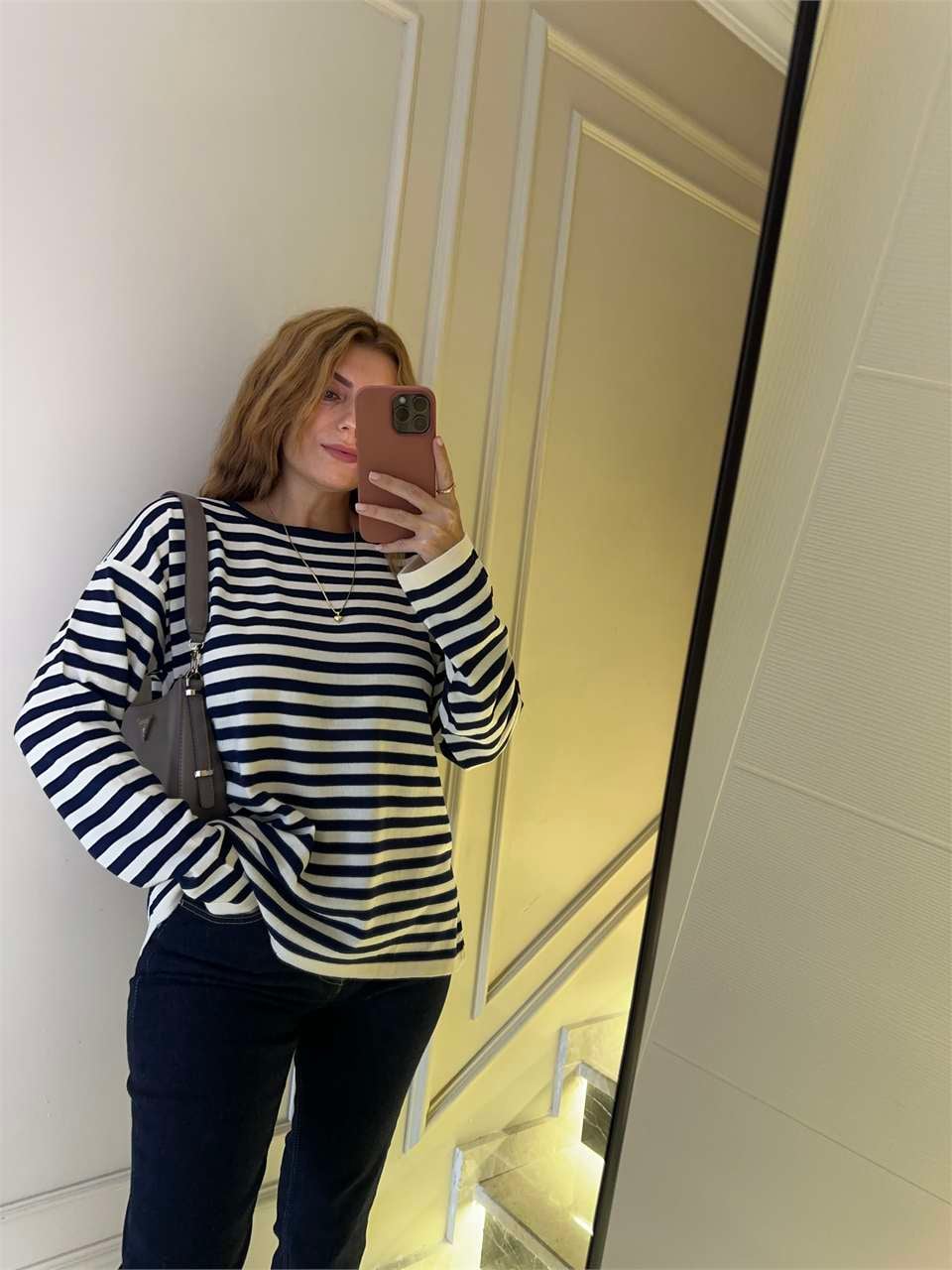 Kadın Çizgili Oversize Triko Bluz - Lacivert
