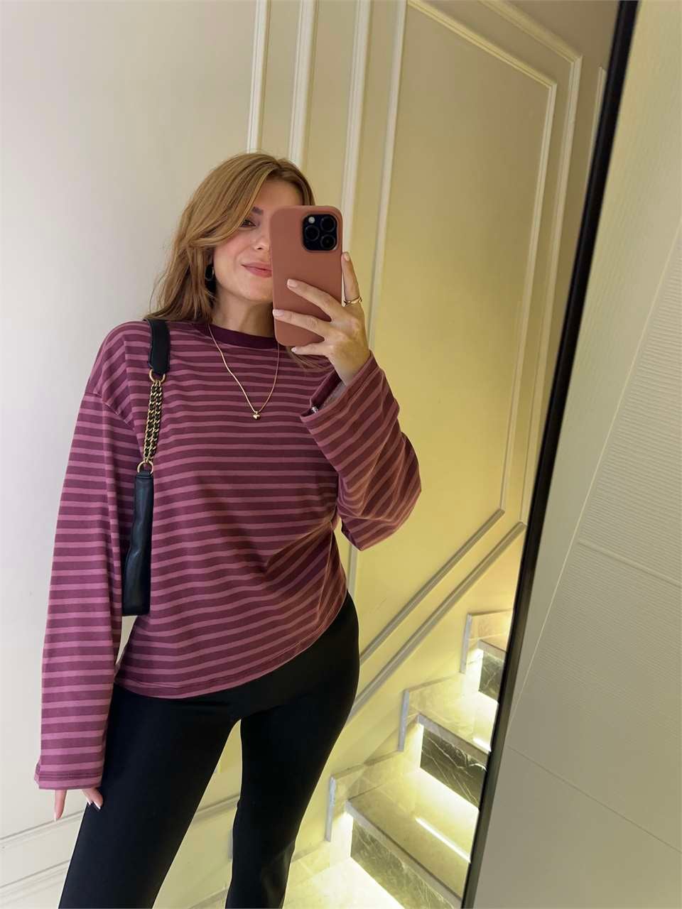 Kadın Çizgili Sweatshirt - BordoPembe