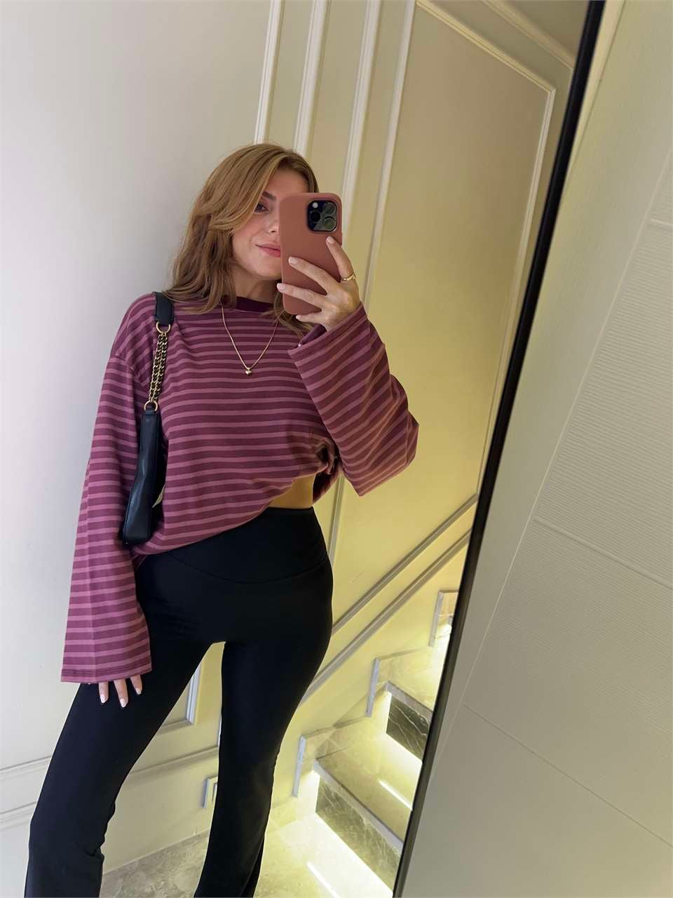 Kadın Çizgili Sweatshirt - BordoPembe