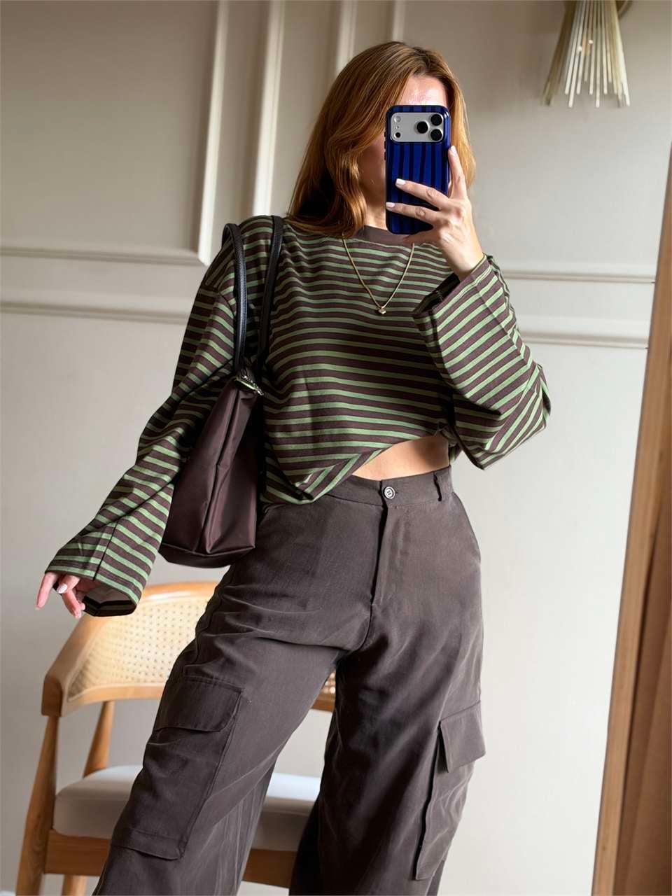 Kadın Çizgili Sweatshirt - KahveHaki