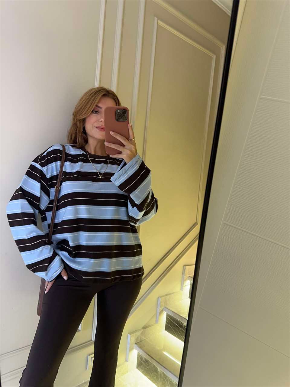 Kadın Çizgili Sweatshirt - KahveMavi