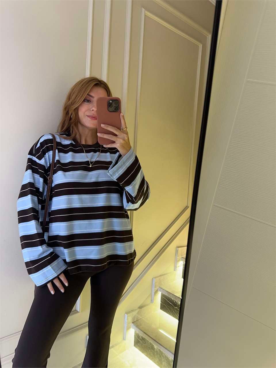 Kadın Çizgili Sweatshirt - KahveMavi