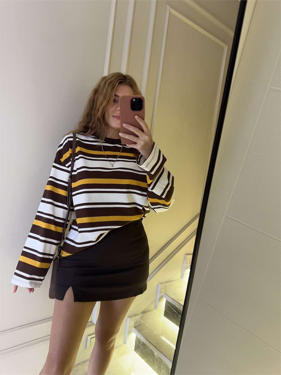 Kadın Çizgili Sweatshirt - KahveSarı
