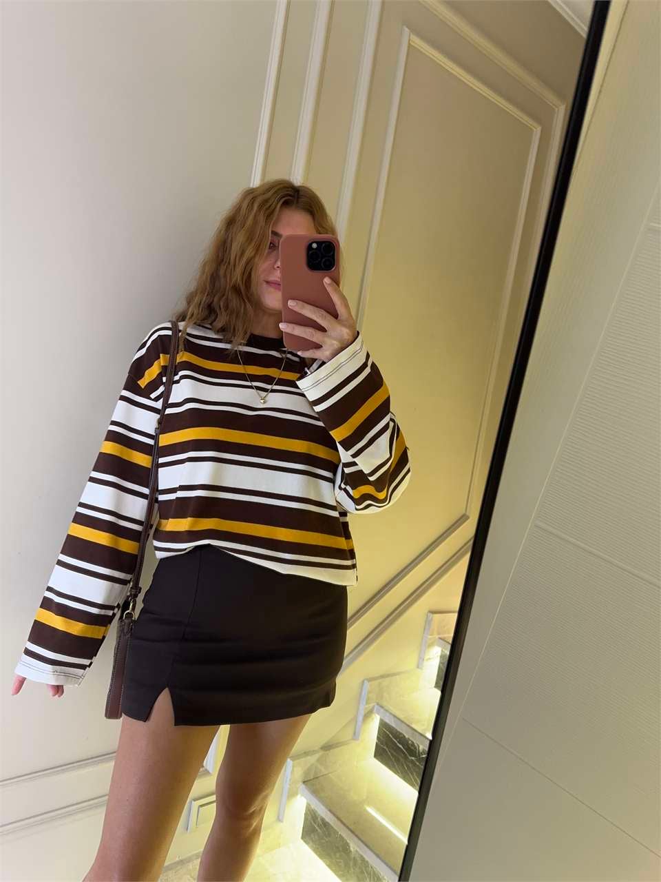 Kadın Çizgili Sweatshirt - KahveSarı