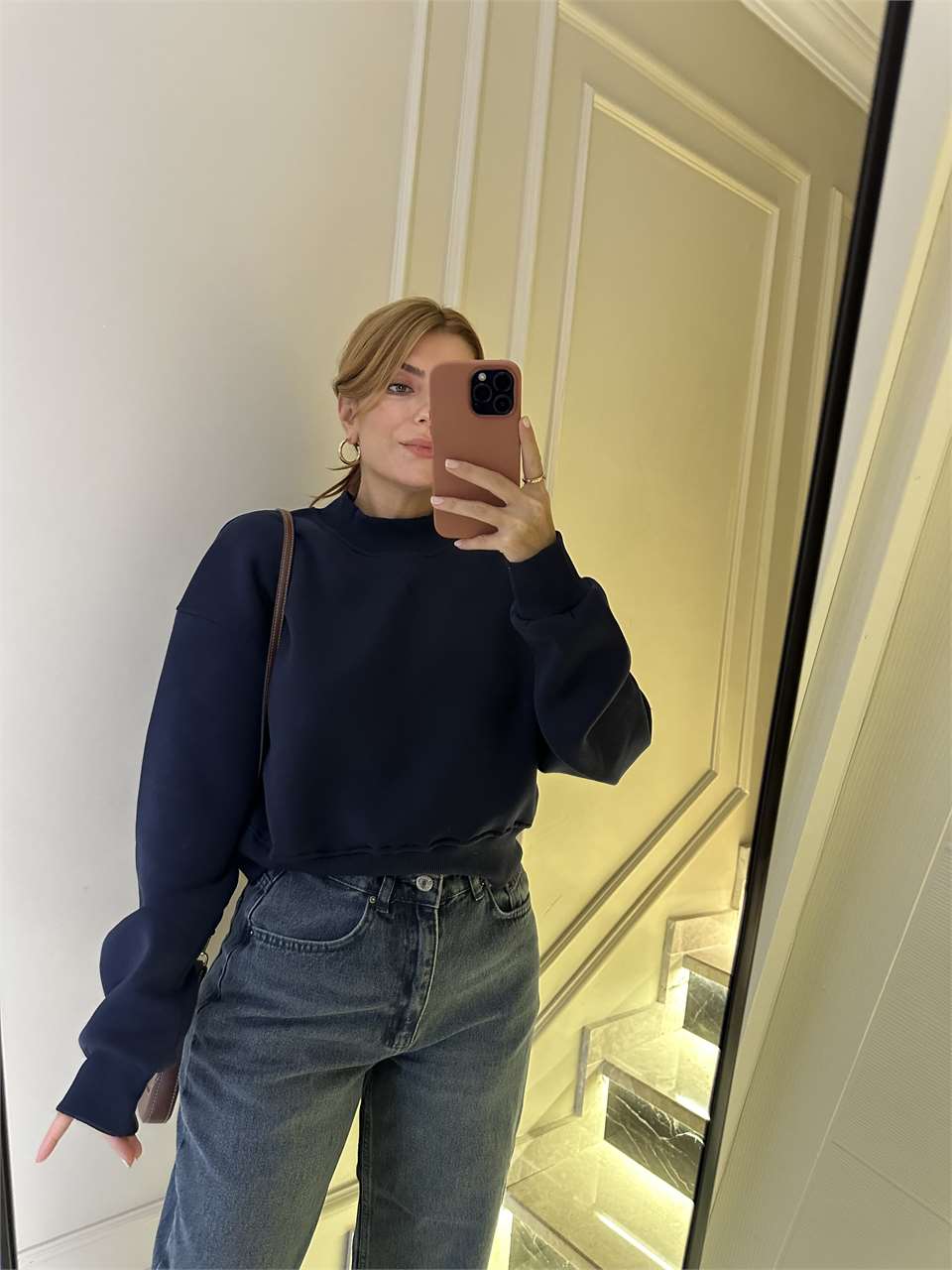 Kadın Dik Yaka Şardonlu Sweatshirt - Lacivert