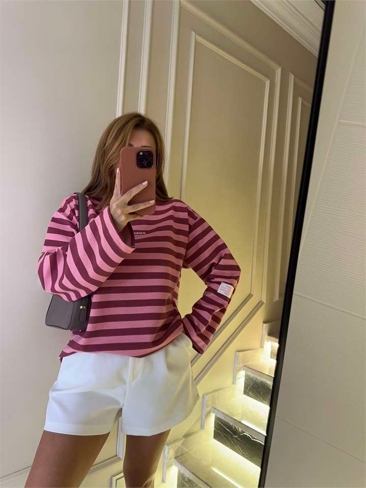 Kadın Doing Ny Nakış Çizgili Sweatshirt - Pembe