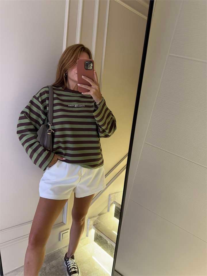 Kadın Doing Ny Nakış Çizgili Sweatshirt - Haki