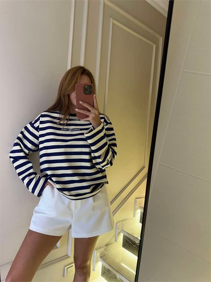 Kadın Doing Ny Nakış Çizgili Sweatshirt - Lacivert