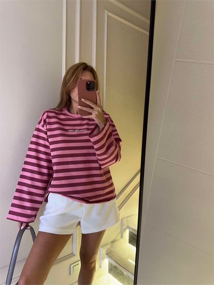 Kadın Doing Ny Nakış Çizgili Sweatshirt - Pembe