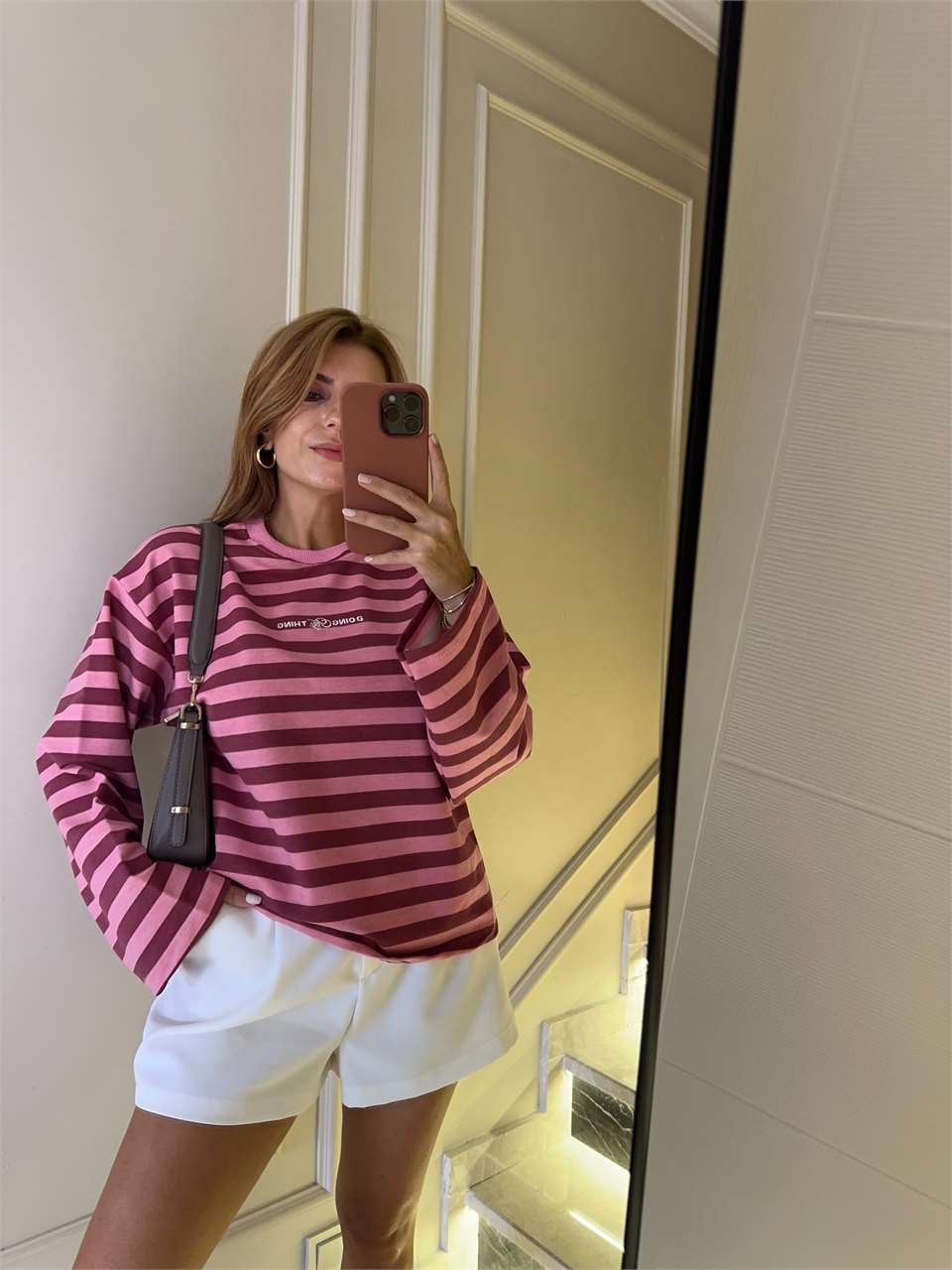 Kadın Doing Ny Nakış Çizgili Sweatshirt - Pembe