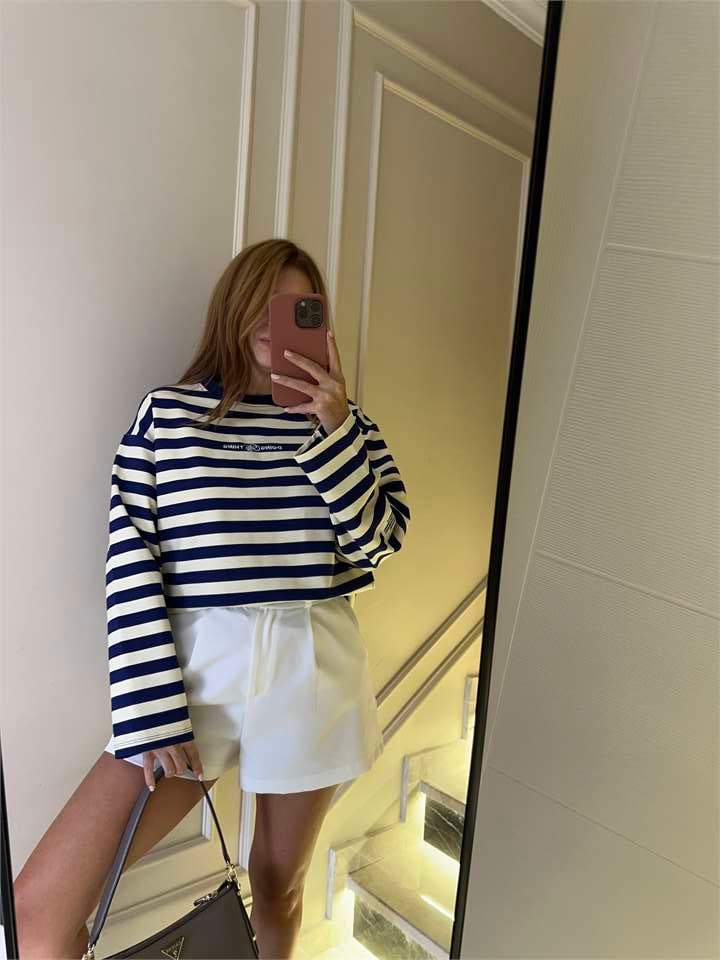 Kadın Doing Ny Nakış Çizgili Sweatshirt - Lacivert