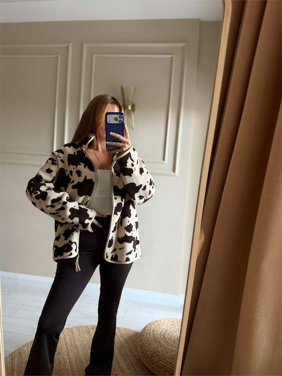 Kadın Fermuarlı Peluş Ceket - Cow Desen