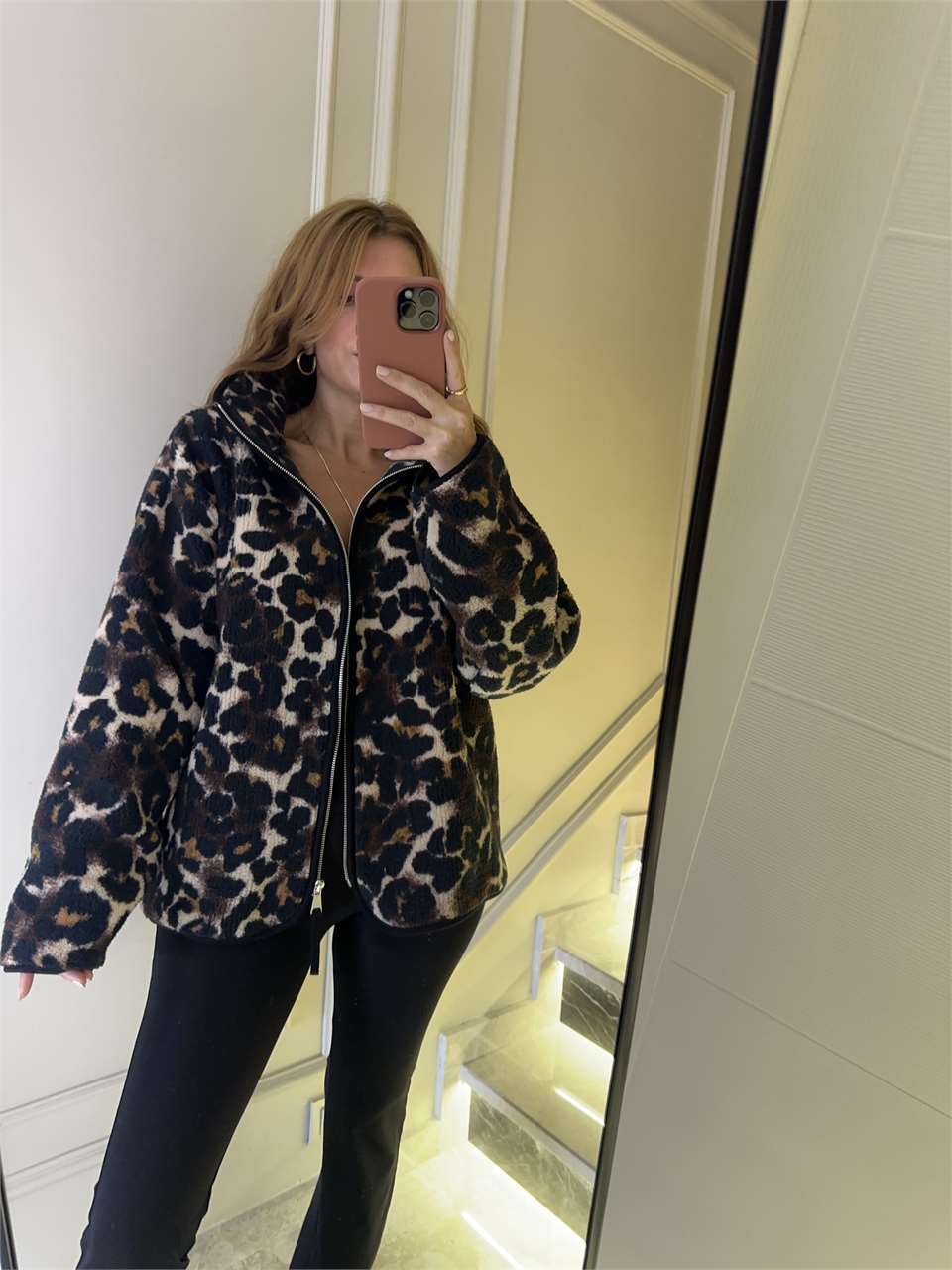 Kadın Fermuarlı Peluş Ceket - Leopar