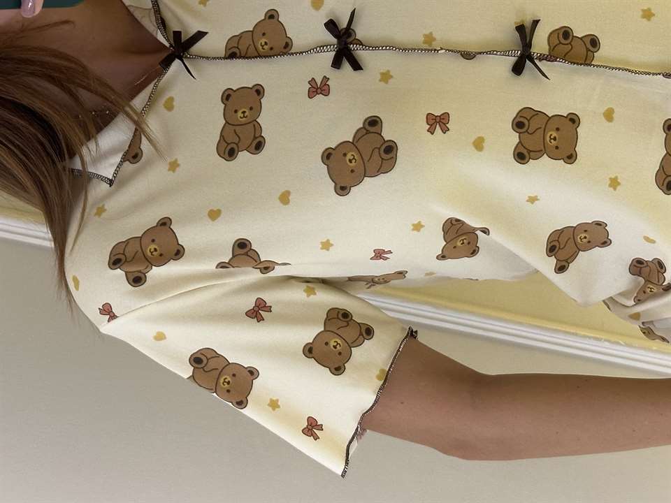 Kadın Fiyonklu Ayıcık Desen Şortlu Pijama Takım