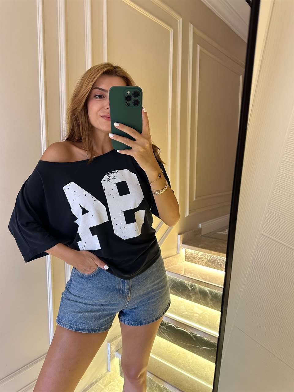 Kadın Füme Kayık Yaka 94 Baskılı Bluz