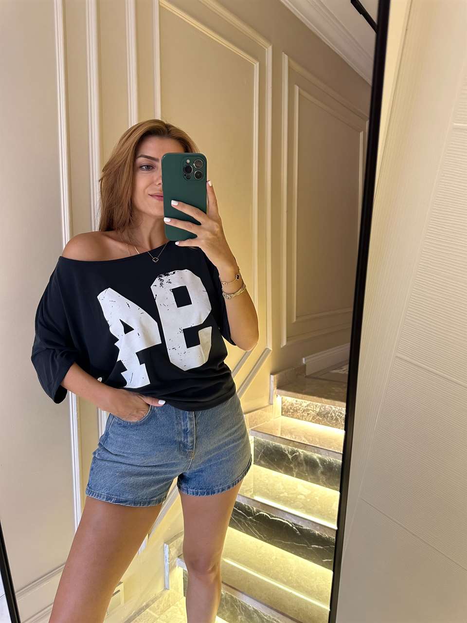 Kadın Füme Kayık Yaka 94 Baskılı Bluz