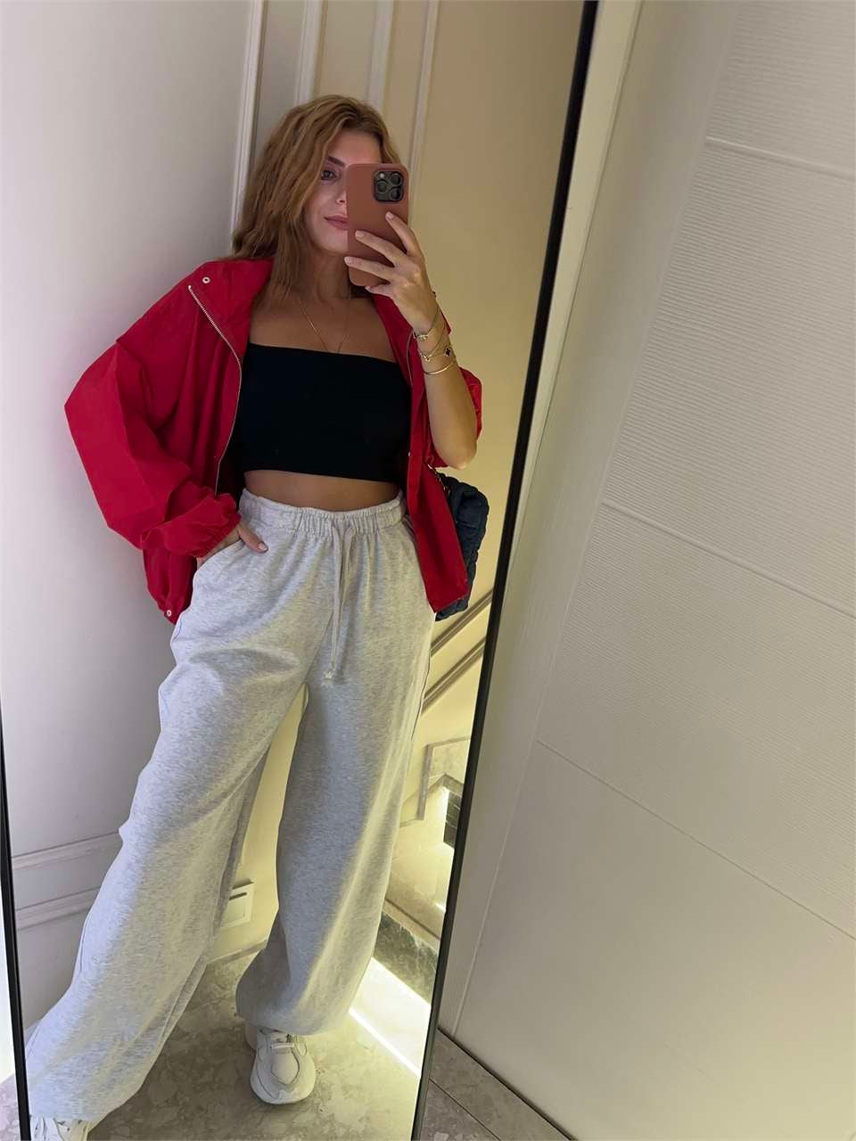 Kadın Geniş Paça Lastikli Jogger Pantolon - Gri Melanj