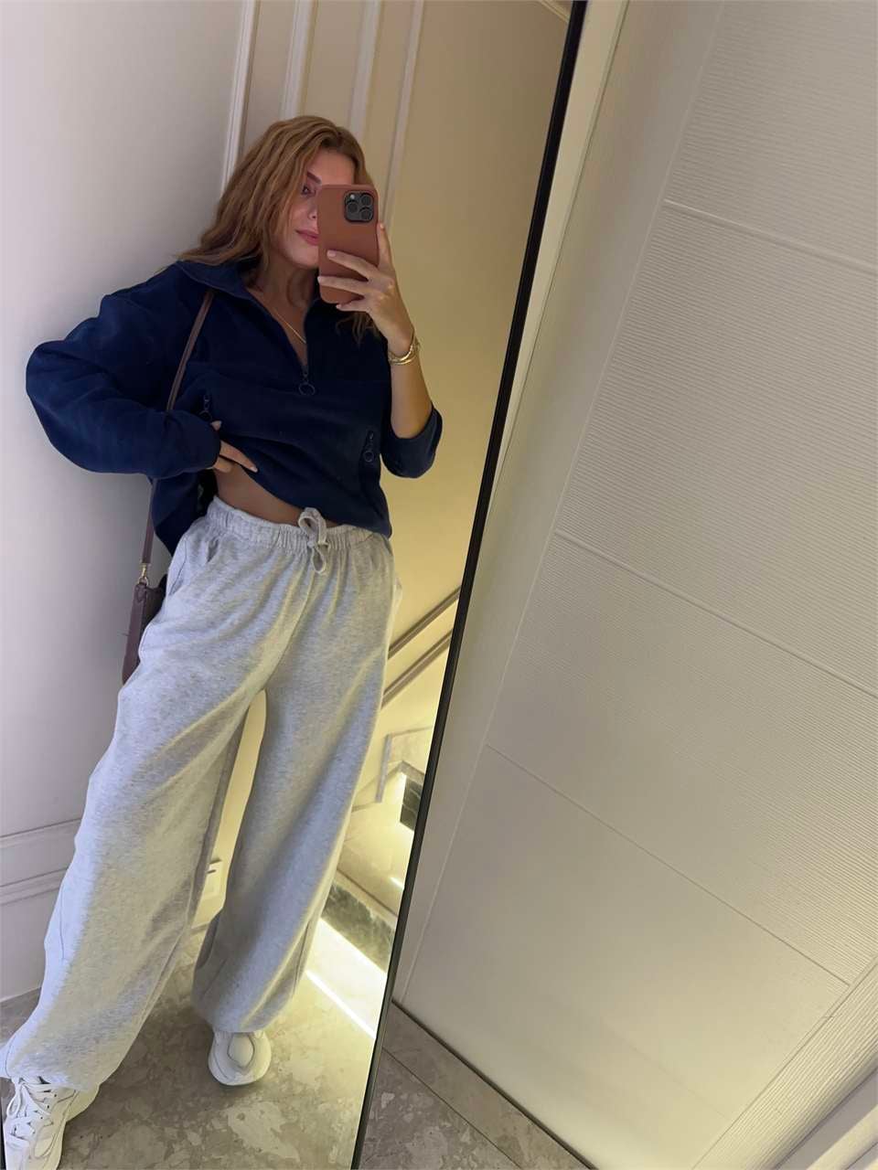 Kadın Geniş Paça Lastikli Jogger Pantolon - Gri Melanj