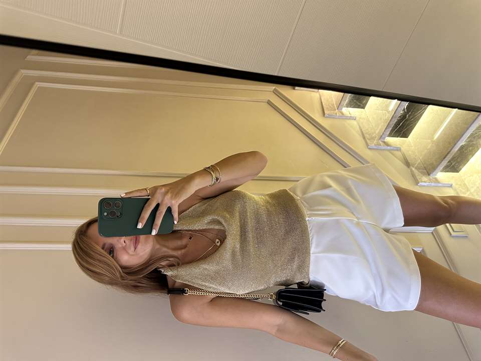 Kadın Gold Degaje Yaka Simli Bluz