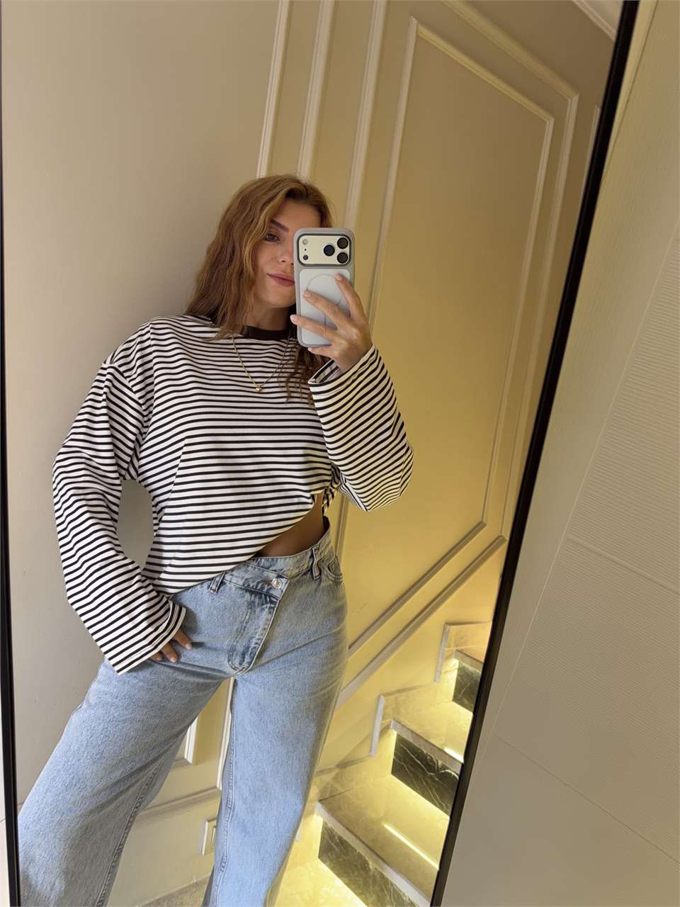 Kadın Çizgili Sweatshirt - KahveBeyaz