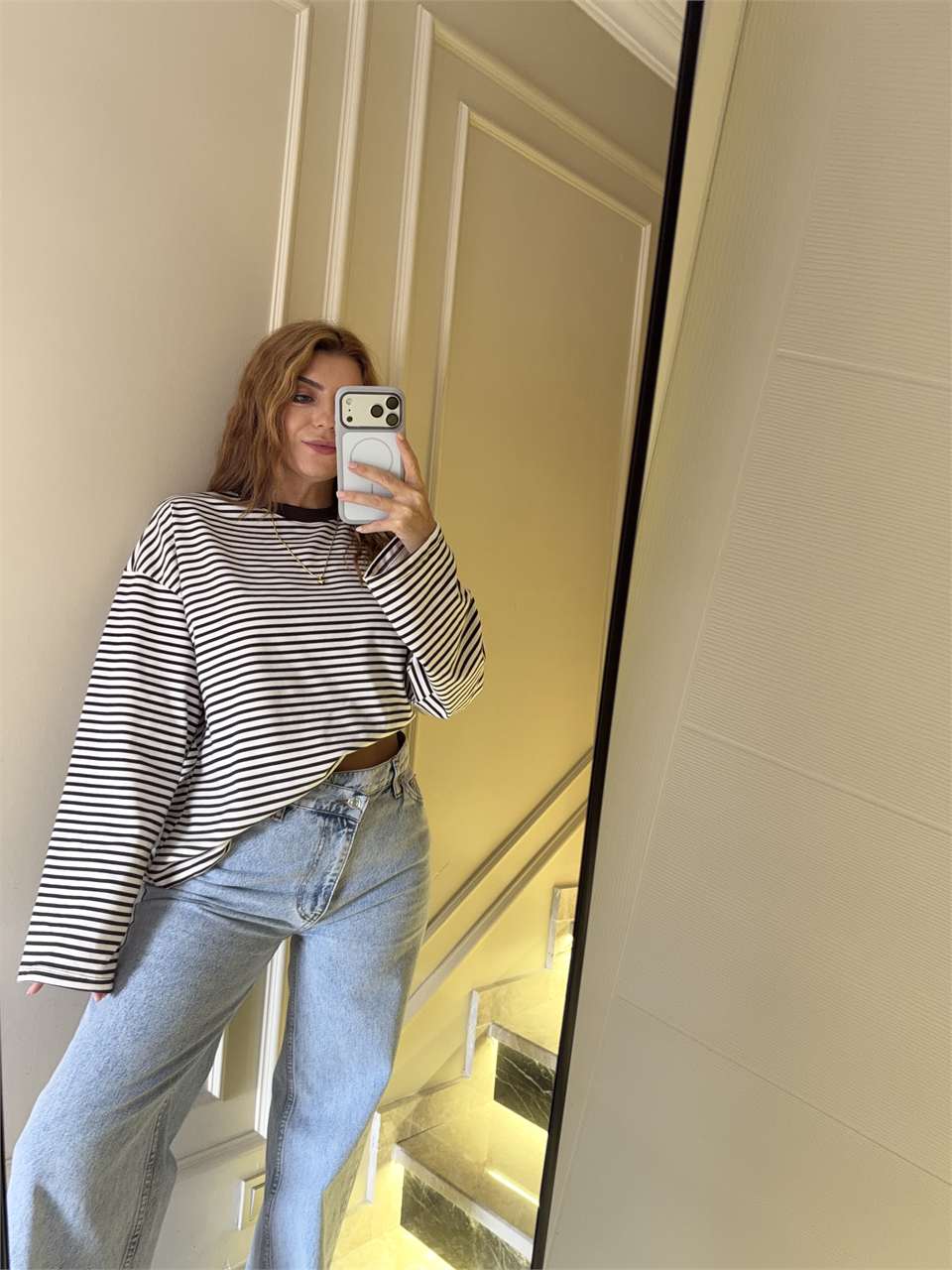 Kadın Çizgili Sweatshirt - KahveBeyaz