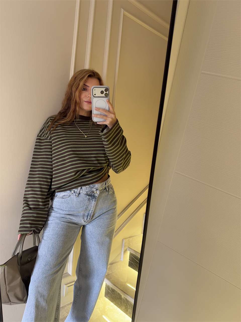 Kadın Çizgili Sweatshirt - KahveHaki