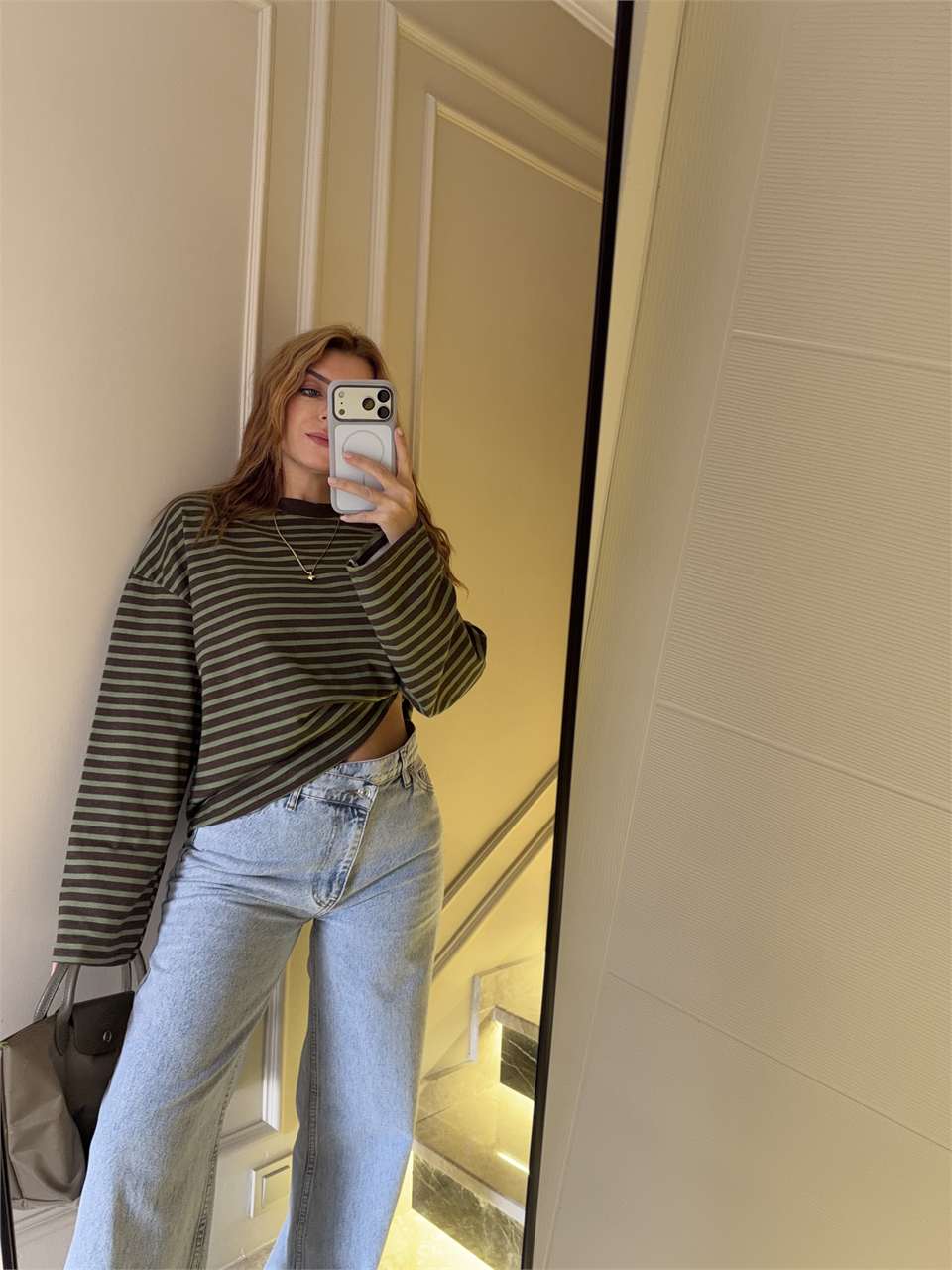 Kadın Çizgili Sweatshirt - KahveHaki