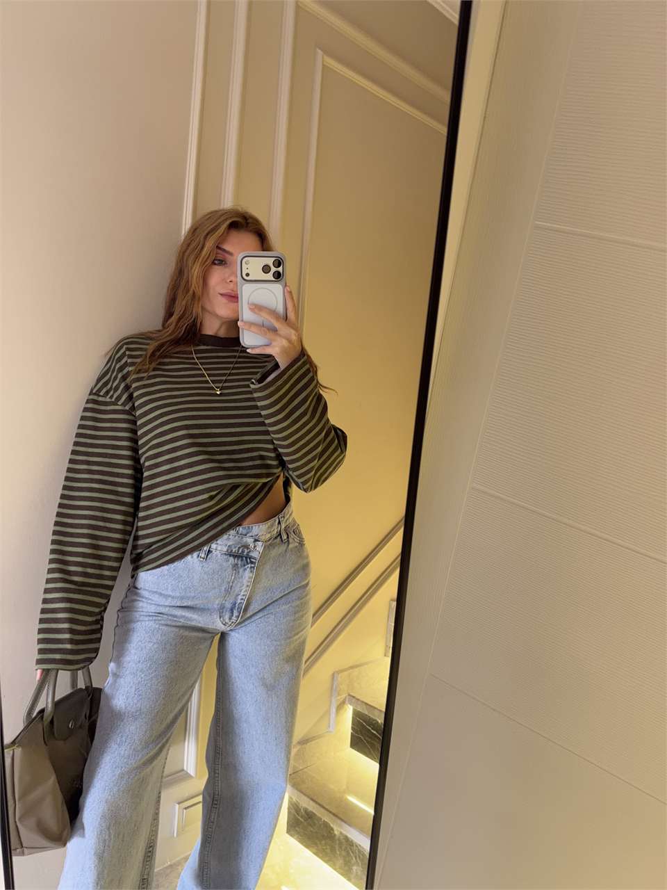 Kadın Çizgili Sweatshirt - KahveHaki