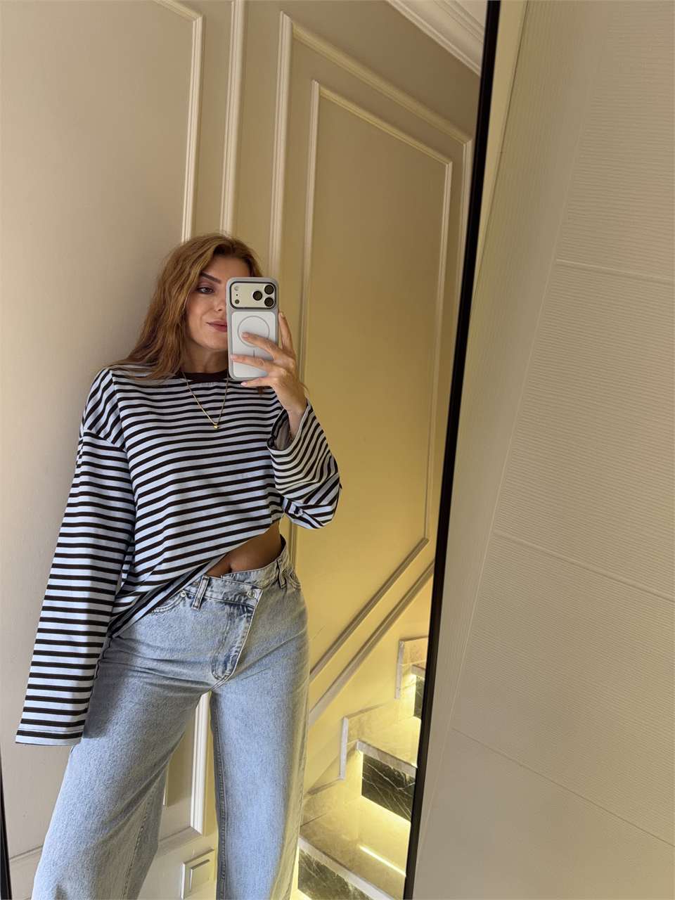 Kadın Çizgili Sweatshirt - KahveMavi