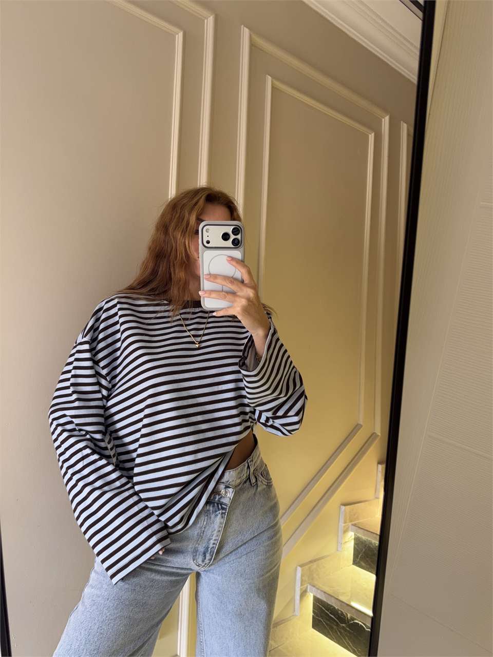 Kadın Çizgili Sweatshirt - KahveMavi