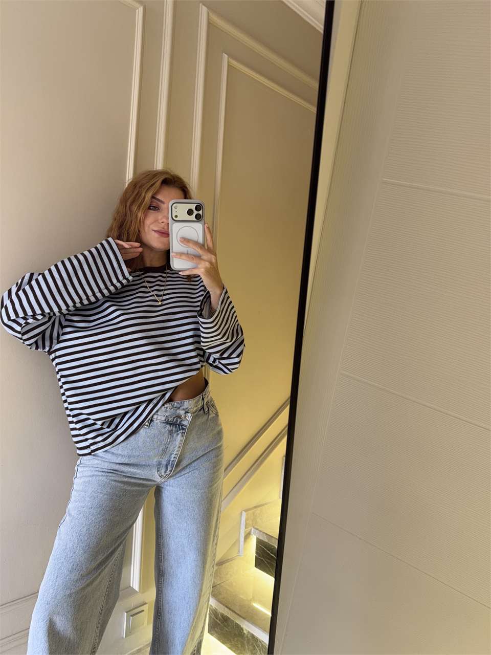Kadın Çizgili Sweatshirt - KahveMavi