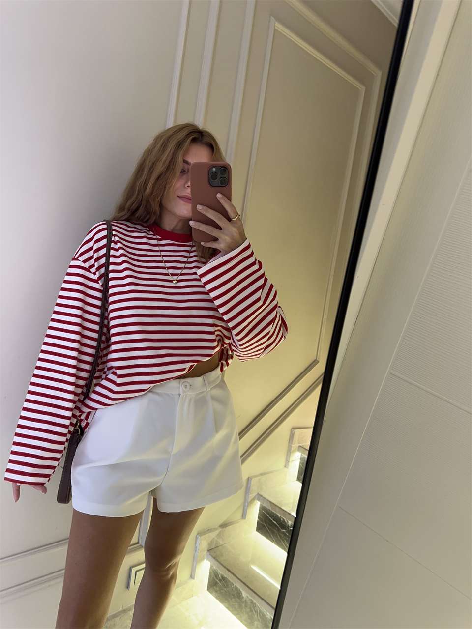 Kadın İnce Çizgili Sweatshirt - KırmızıBeyaz
