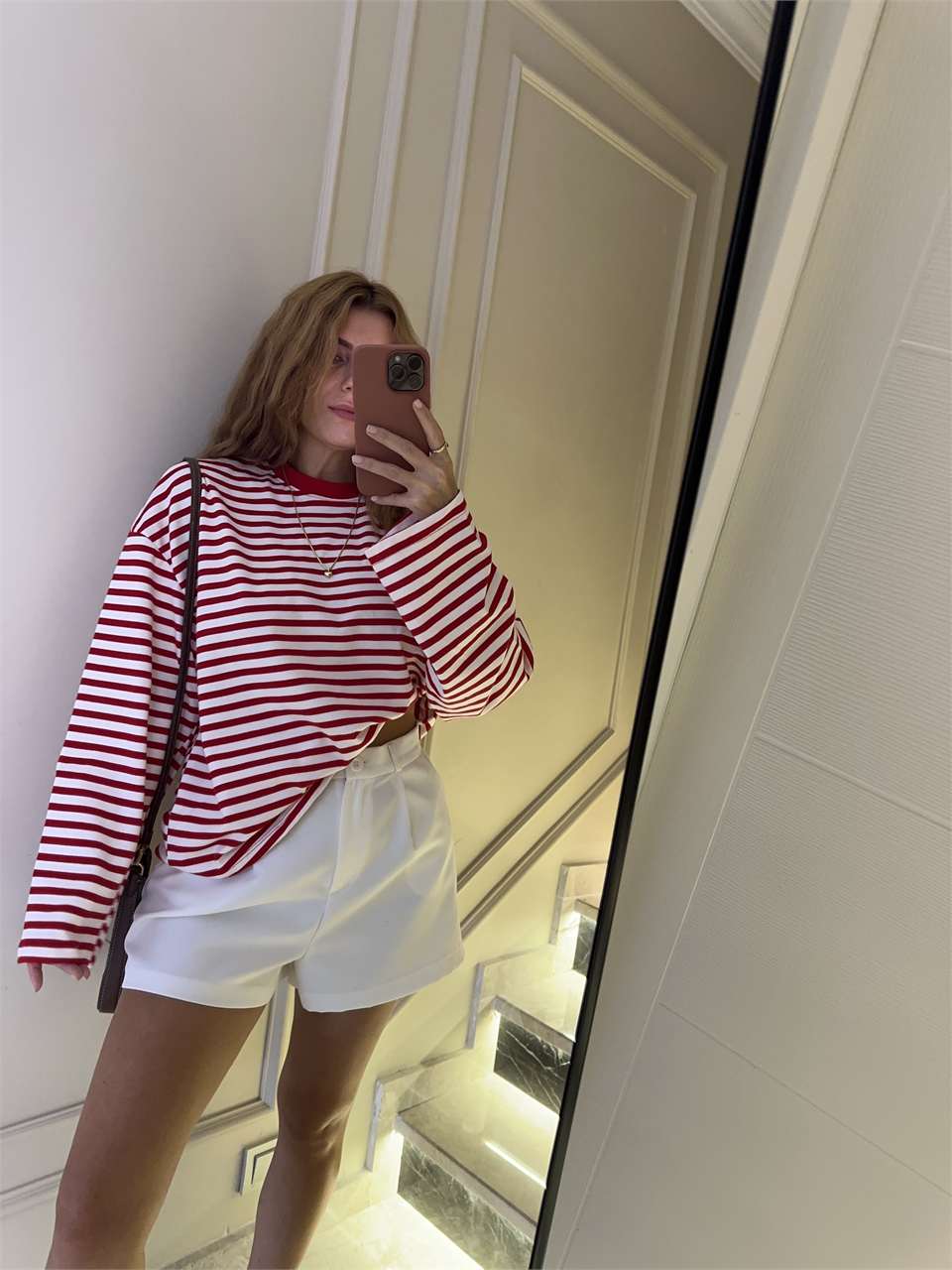 Kadın İnce Çizgili Sweatshirt - KırmızıBeyaz