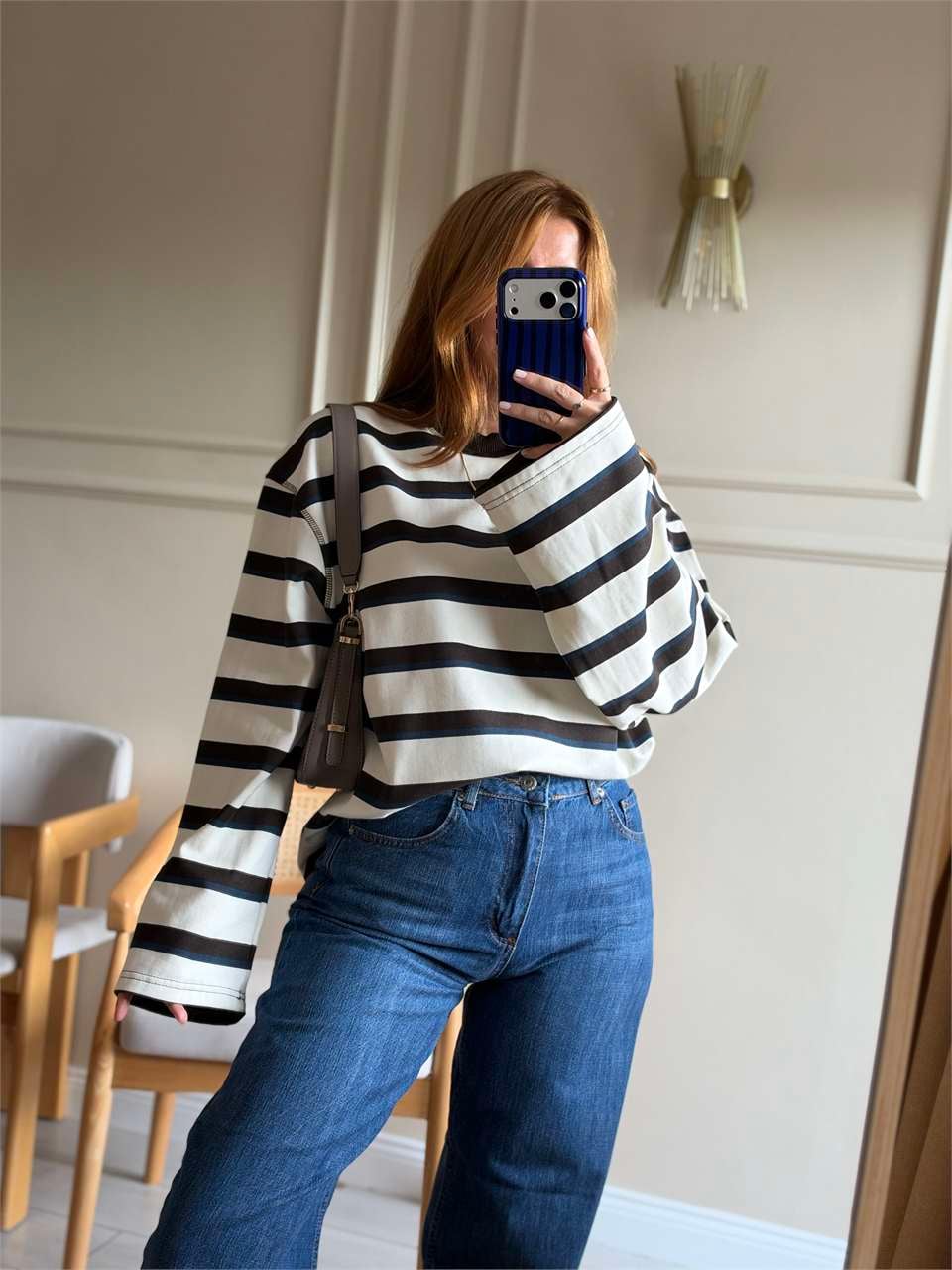 Kadın Kalın Çizgili Sweatshirt - EkruKahve