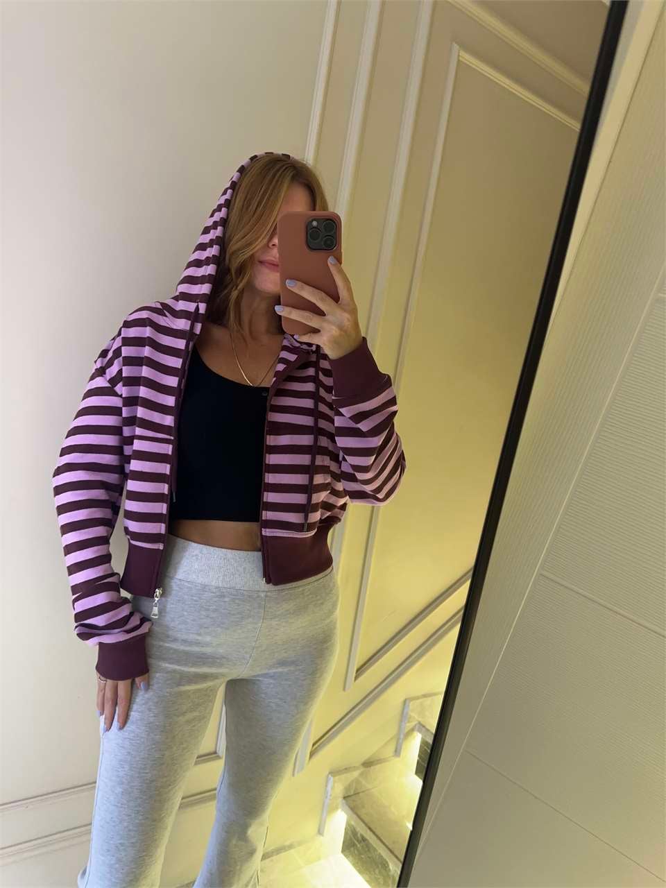 Kadın Kapşonlu Çizgili Sweatshirt - BordoLila
