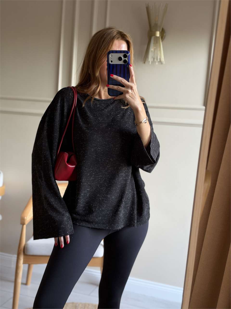 Kadın Kırçıllı Uzun Kol Bluz - Siyah