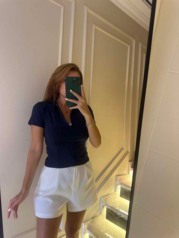Kadın Lacivert Gizli Fermuarlı Polo Yaka Bluz