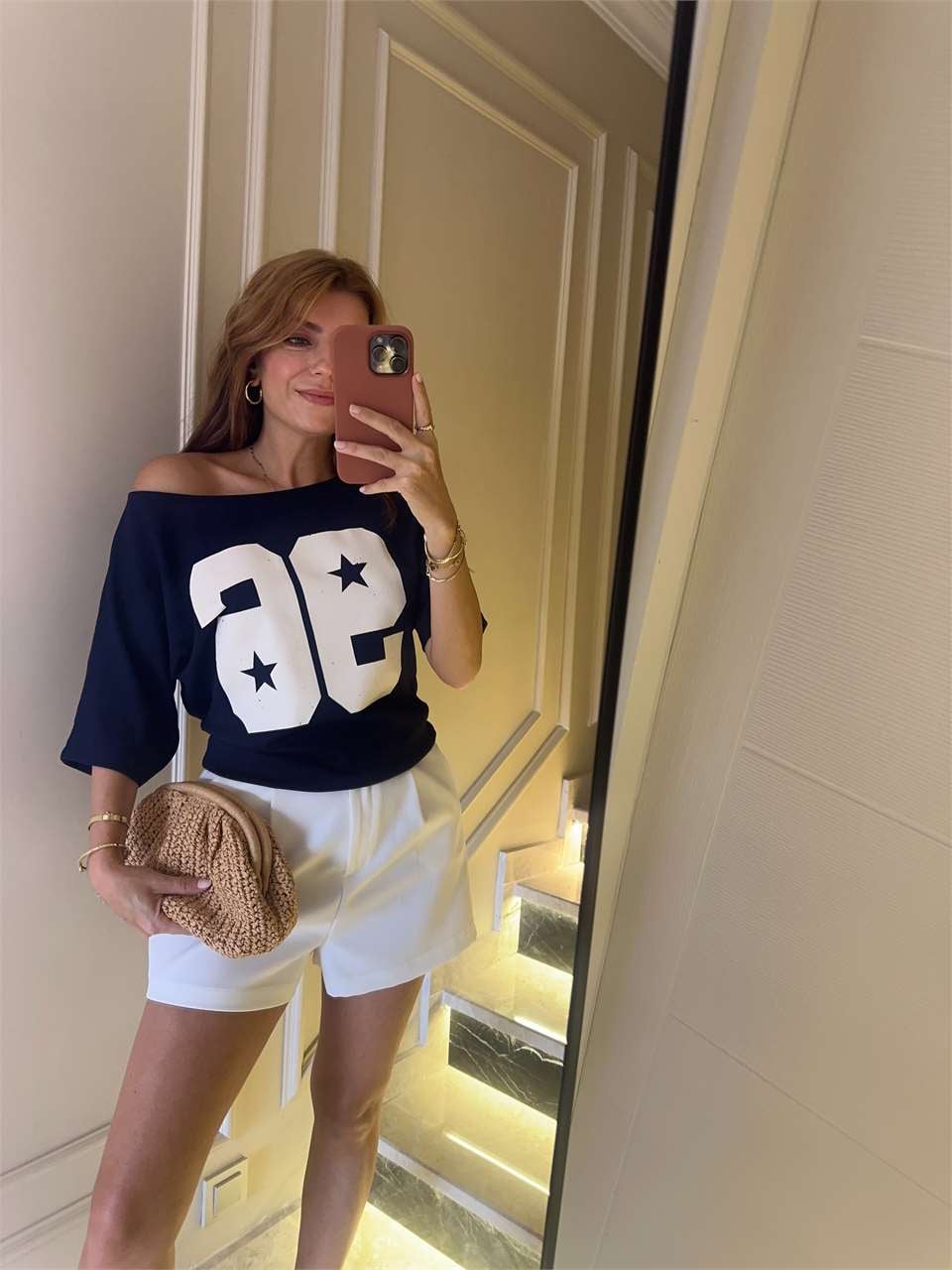 Kadın Lacivert Kayık Yaka 96 Baskılı Bluz