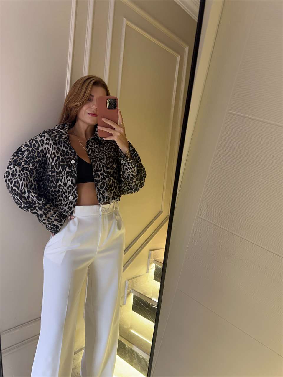 Kadın Leopar Crop Kot Ceket
