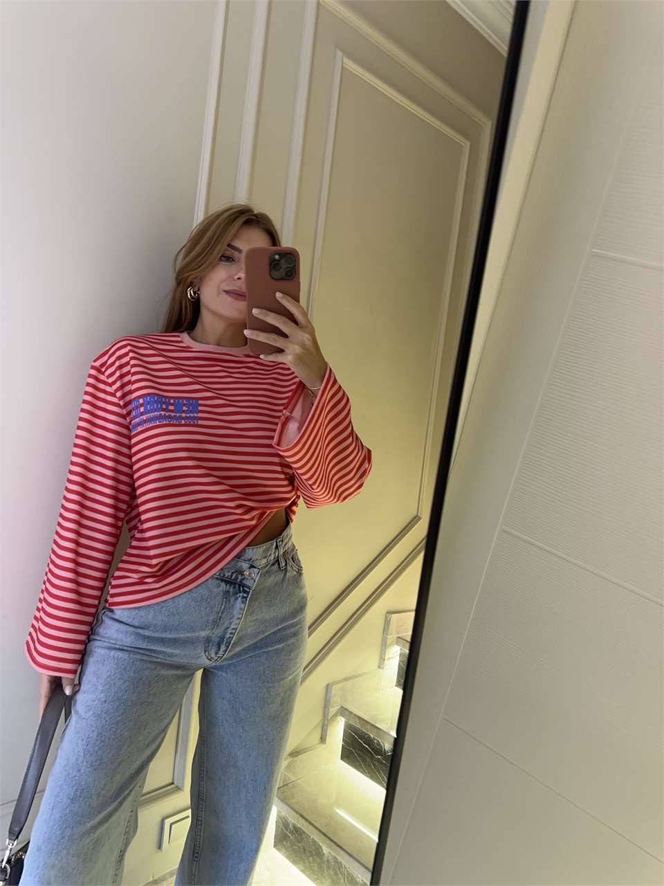 Kadın New York City Çizgili Sweatshirt - PembeKırmızı