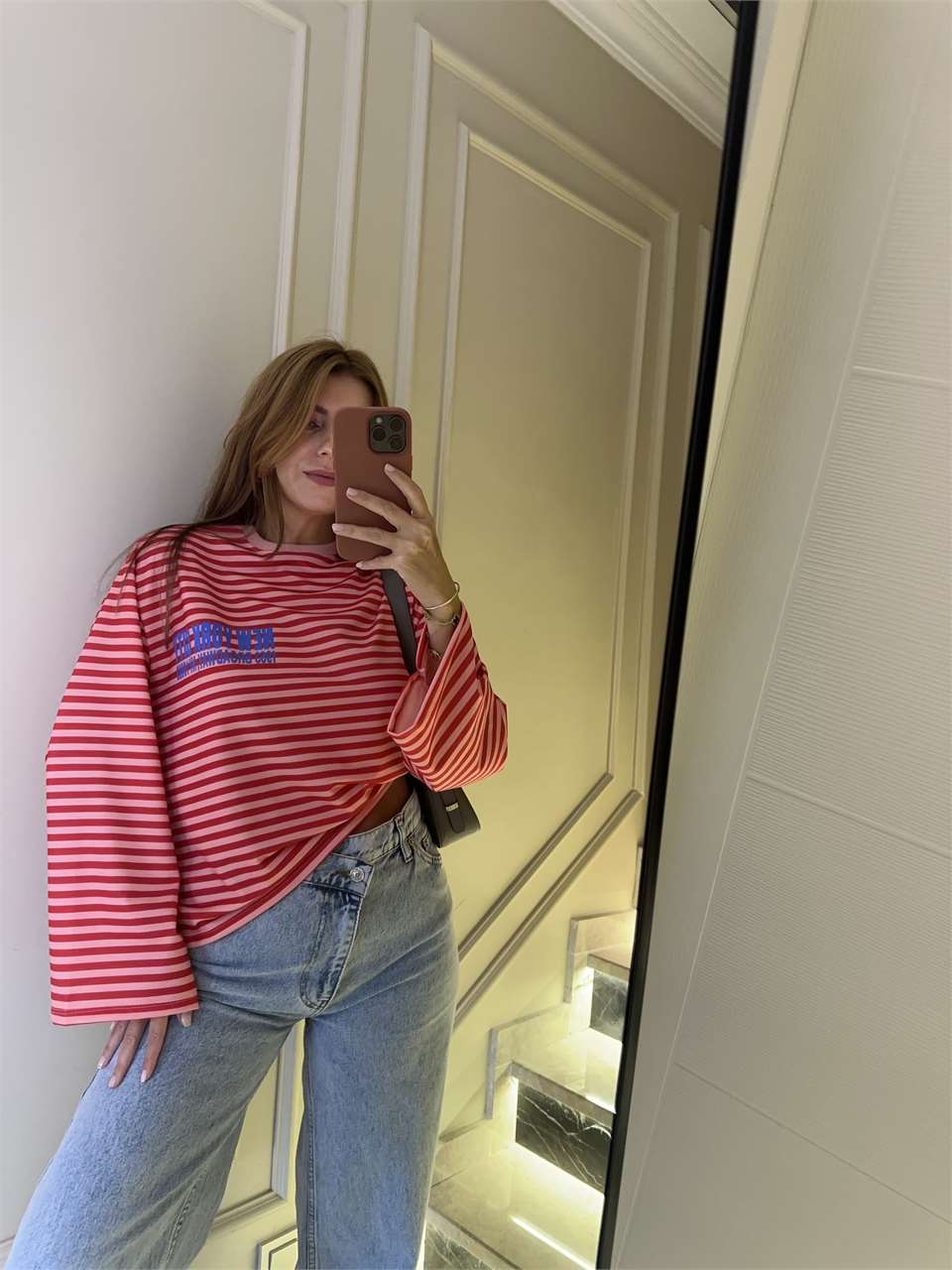Kadın New York City Çizgili Sweatshirt - PembeKırmızı