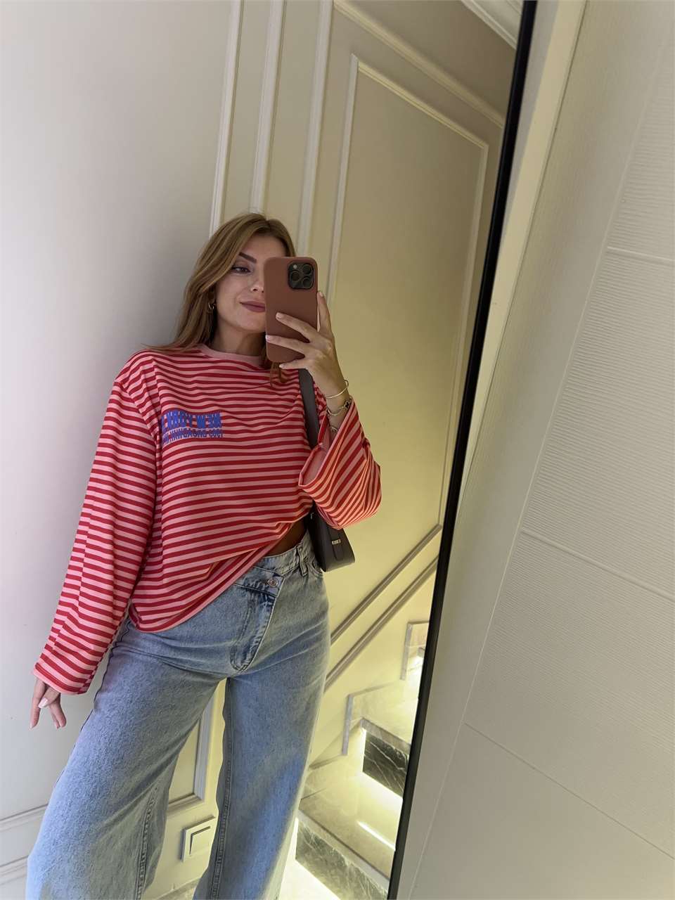 Kadın New York City Çizgili Sweatshirt - PembeKırmızı