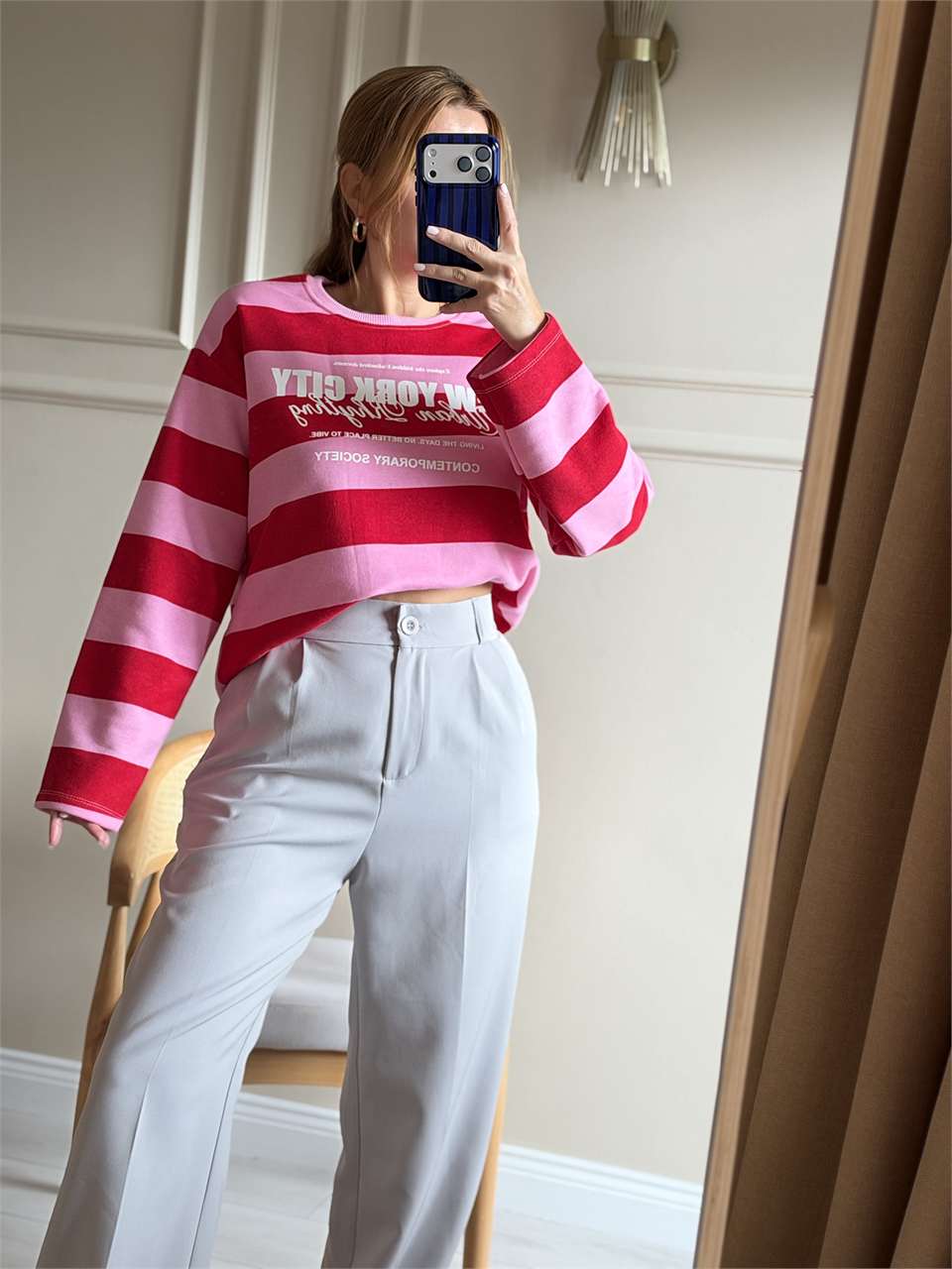 Kadın NYC Baskılı Çizgili Sweatshirt - PembeKırmızı