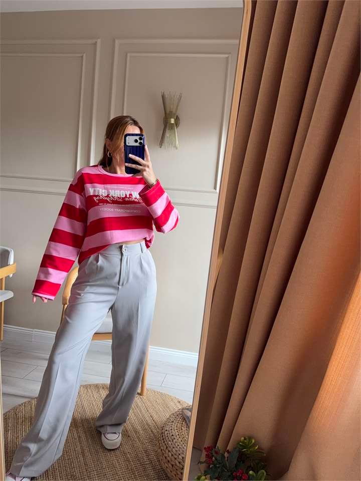 Kadın NYC Baskılı Çizgili Sweatshirt - PembeKırmızı
