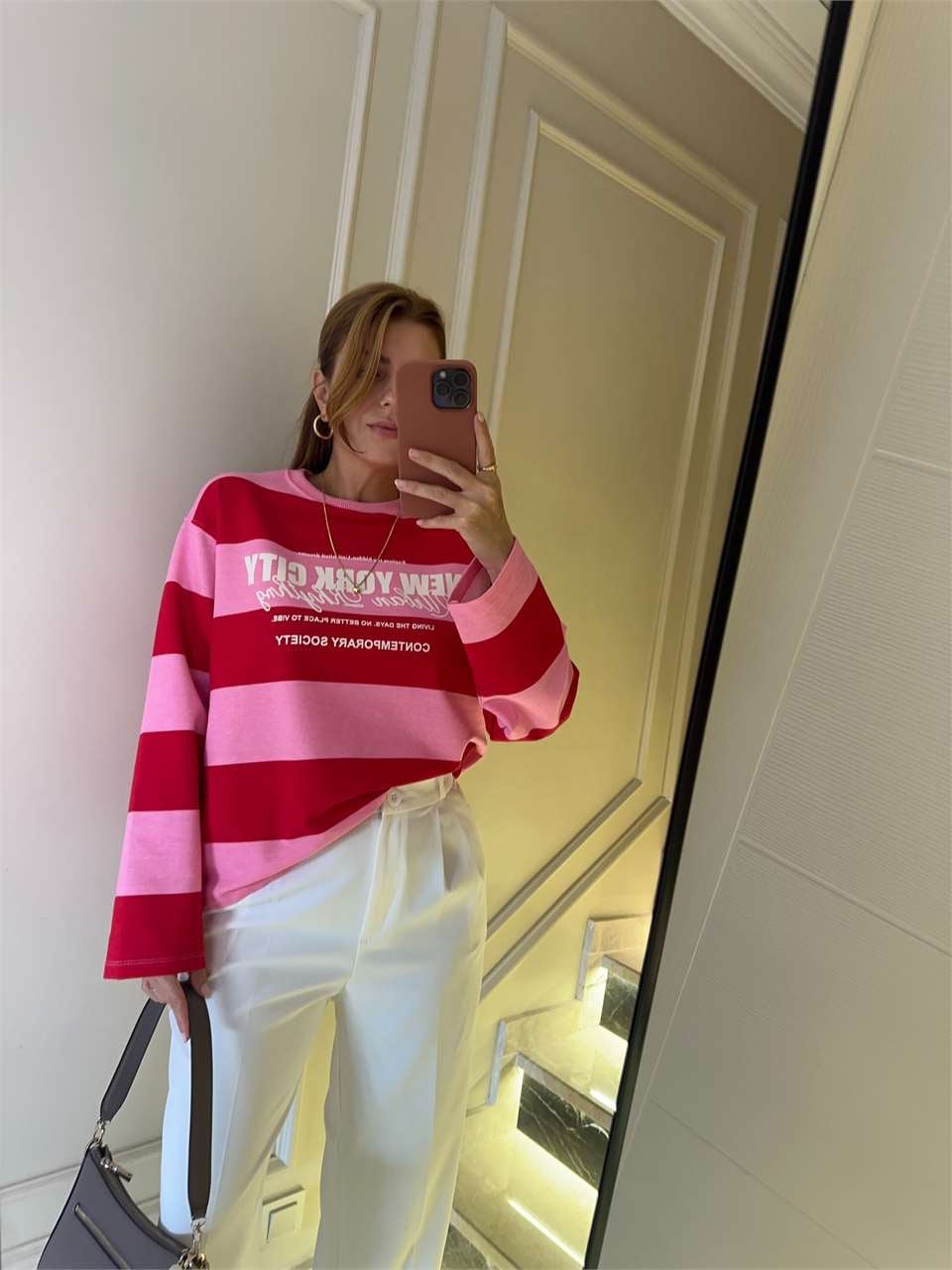 Kadın NYC Baskılı Çizgili Sweatshirt - PembeKırmızı