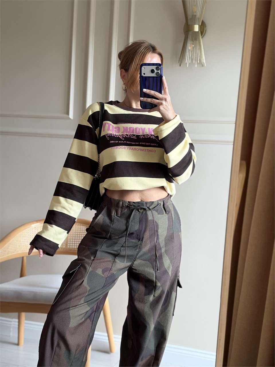 Kadın NYC Baskılı Çizgili Sweatshirt - SarıKahve
