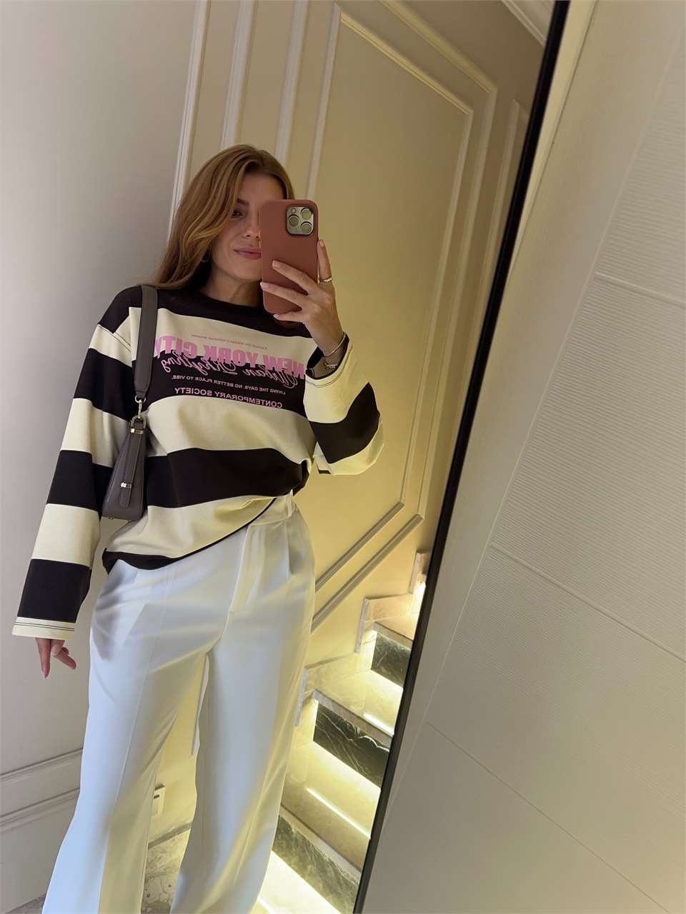Kadın NYC Baskılı Çizgili Sweatshirt - SarıKahve
