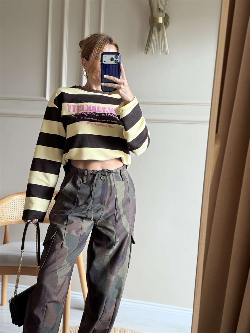 Kadın NYC Baskılı Çizgili Sweatshirt - SarıKahve