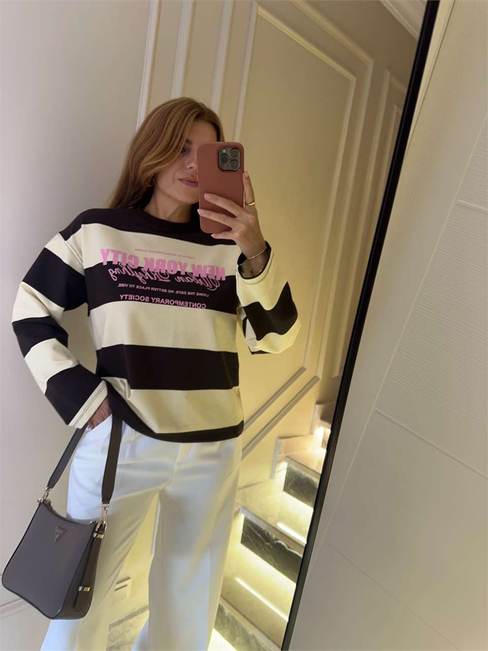 Kadın NYC Baskılı Çizgili Sweatshirt - SarıKahve